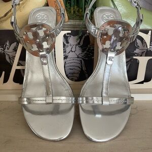 Tory Burch Silver Women's Sandals with Raffia Heel